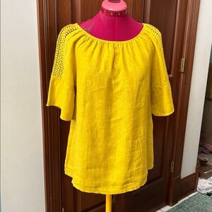 Terzo Millenio  tunic top  100% linen sleeve lace Bell sleeve end  mustard Italy